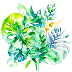 Watercolor tropical background with monstera leaves. Hand painted illustration.
