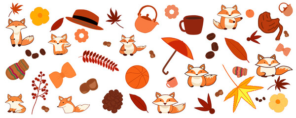 Autumn icon collection set consists of cute foxes and items on white background. Vector illustration drawings.