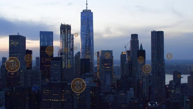 
Augmented Reality over New York City Skyline. Aerial View of Manhattan with Bitcoin Logos. Animation of Cryptocurrency Over Buildings in The Financial District. United States.
