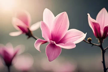 Gordijnen Pink spring magnolia flowers on a single branch © Safdar