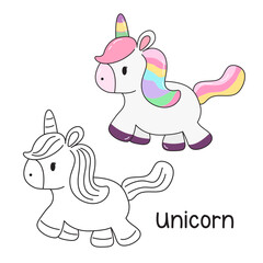 Vector illustration. Coloring book , Coloring unicorn. Cartoon animal. Clipart set for nursery poster, Practice skills