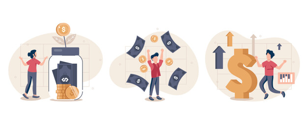 Fototapeta premium Cost optimization concept set. Idea of financial and marketing strategy. Cost and income balance. Spending and cost reduction, while maximizing business value. Isolated flat illustration vector 