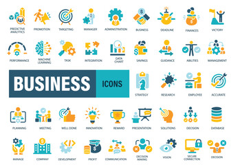 Business, data analysis, organization management and technology icon set. Teamwork, strategy, planning, marketing, cloud technology, data analysis, employee icon set. Icons vector collection