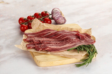 Raw beef bacon for cooking