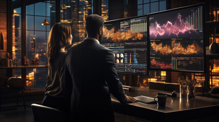 Diverse team uses screen with growth analysis, charts,statistics and data.Couple work in business office at night.