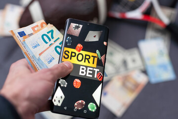 betting on sports, smart phone with working online betting mobile application