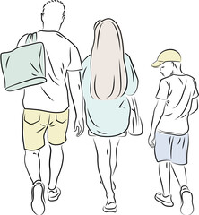 Walking young couple and a boy, back view. Sketch with color spots, line art. 