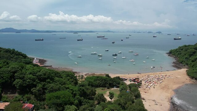 Aerial views from over Taboga Island Panama, just outside the entrance to the Panama Canal