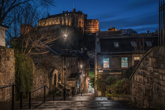 Scenic view of Edinburgh Castle from Vennel Steps in Grassmarket area, Scotland