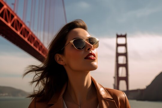 Environmental portrait photography of a tender girl in her 30s wearing a chic pearl necklace at the golden gate bridge in san francisco usa. With generative AI technology