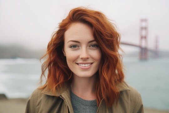 Close-up portrait photography of a satisfied girl in her 20s wearing a chic cardigan at the golden gate bridge in san francisco usa. With generative AI technology