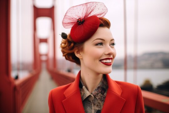 Environmental portrait photography of a joyful girl in his 30s wearing a fancy fascinator at the golden gate bridge in san francisco usa. With generative AI technology