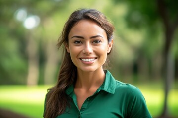 Headshot portrait photography of a blissful girl in her 30s wearing a sporty polo shirt at the chichen itza yucatan mexico. With generative AI technology