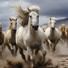 horses on the beach. Generative AI - obrazy, fototapety, plakaty
