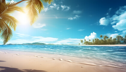 Fototapeta na wymiar Beautiful sunny day at golden beach with crystal clear water - Generativ AI