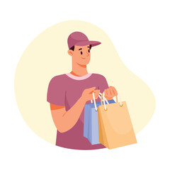 Man Delivery Courier in Cap Give Bags Vector Illustration