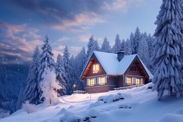 Fototapeta na wymiar cozy wooden cottage light windows surrounded