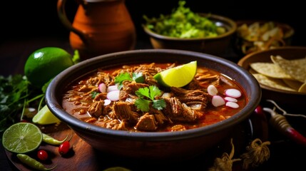 Aromatic and spicy Mexican pozole cooking in a slow cooker, with hominy and tender pork. 