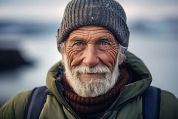 Close-up portrait photography of a happy old man wearing a trendy beanie at the blue lagoon in reykjavik iceland. With generative AI technology - obrazy, fototapety, plakaty