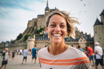 Close-up portrait photography of a joyful girl in her 40s wearing a high-performance basketball jersey at the mont saint-michel in normandy france. With generative AI technology - obrazy, fototapety, plakaty