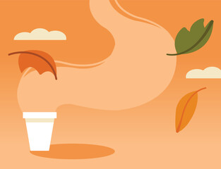 Pumpkin spice latte in a cozy, fall scene with colorful leaves.