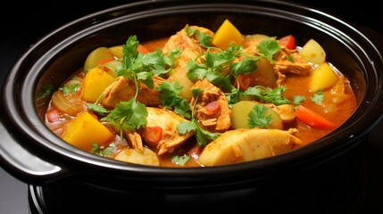 Aromatic curry chicken stew simmering in a slow cooker, with colorful vegetables and spices. 