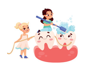 Dental Care with Little Girl Cleaning Big Tooth with Toothbrush and Toothpaste Vector Illustration