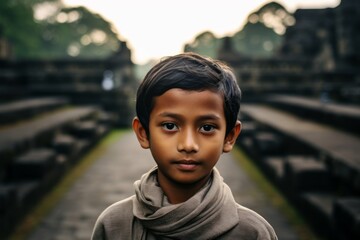 Photography in the style of pensive portraiture of a cheerful boy in his 30s wearing a dramatic choker necklace at the borobudur temple in magelang indonesia. With generative AI technology - obrazy, fototapety, plakaty