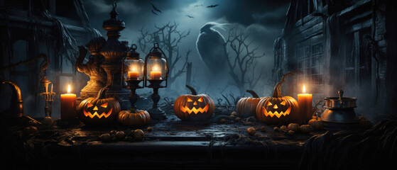 Halloween spooky background, scary pumpkins with smoke in old big creepy Happy Haloween ghosts horror house inside big empty foggy room. Creepy october dark smoky mysterious night backdrop concept.