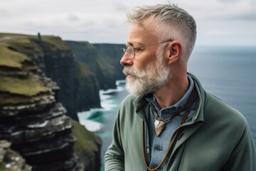 Photography in the style of pensive portraiture of a tender mature man wearing a whimsical charm necklace at the cliffs of moher in county clare ireland. With generative AI technology - obrazy, fototapety, plakaty