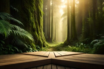  Immerse yourself in the tranquility of a forest hideaway, featuring a wooden bridge bathed in perfect lighting.  - obrazy, fototapety, plakaty