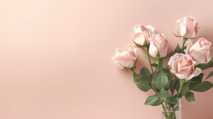 Soft blush roses on a pale pink background. Copy space. Space for text