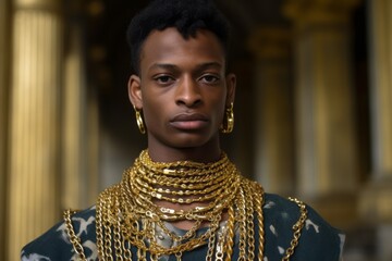 Close-up portrait photography of a merry boy in his 30s wearing a bold body chain at the palace of...