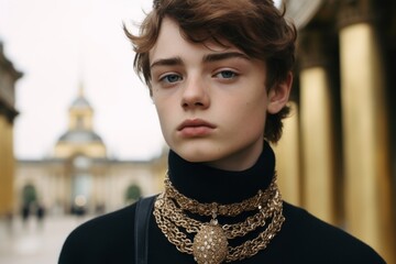Close-up portrait photography of a tender boy in his 20s wearing a dramatic choker necklace at the...