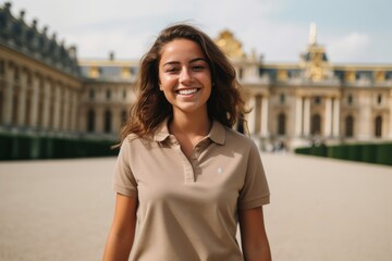 Medium shot portrait photography of a joyful girl in her 20s wearing a sporty polo shirt at the...