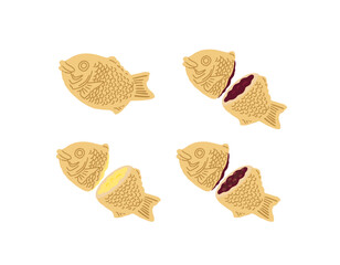 いろんな種類のたい焼き手描きカラーイラストアイコンセット