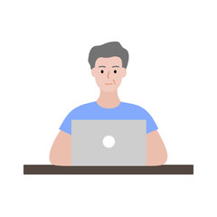 Smiling Elder Man sitting in front of laptop working. Remote distance, technology concept. Flat character vector design isolated illustration.