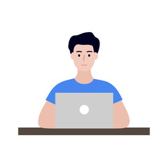 Smiling young man sitting in front of laptop working. Remote distance, technology, flexible schedule, freelance, online learning concept. Flat character vector design isolated illustration.
