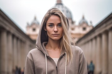 Lifestyle portrait photography of a tender girl in her 30s wearing a zip-up fleece hoodie at the st. With generative AI technology