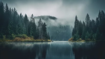 Foto op Plexiglas anti-reflex Mistig bos Minimalistic misty autumn landscape with lake and mystical trees.