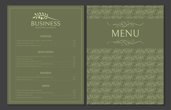 Olive Green Menu Card Template for Restaurants with Logo - Powered by Adobe