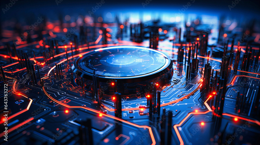 Poster engage with the world of abstract tech mesh circuits