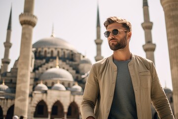 Obraz premium Lifestyle portrait photography of a content boy in his 30s wearing a long-sleeved thermal undershirt at the blue mosque in istanbul turkey. With generative AI technology