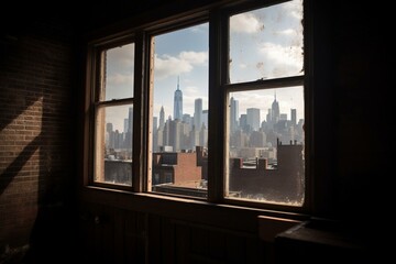NYC skyline visible through window. Generative AI