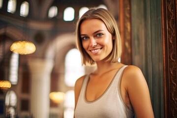 Headshot portrait photography of a jovial girl in his 20s wearing a fashionable tube top at the blue mosque in istanbul turkey. With generative AI technology