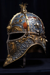 a medieval knight helmet isolated against a black background. 