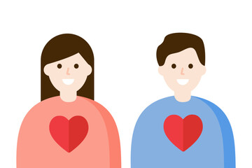 Fototapeta premium Happy Man and Woman with red big heart. Healthcare, positive lifestyle, mental health concepts. Vector design illustration isolated on white background.