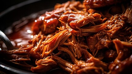 Close-up of savory pulled pork with a smoky barbecue sauce cooking low and slow in a slow cooker.  - obrazy, fototapety, plakaty