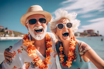 Senior happy couple have fun taking a selfie on vacation - Active retired elderly concept. - obrazy, fototapety, plakaty