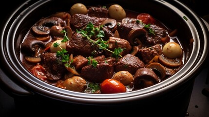Close-up of tender and flavorful beef bourguignon simmering in a slow cooker, with red wine and mushrooms. 